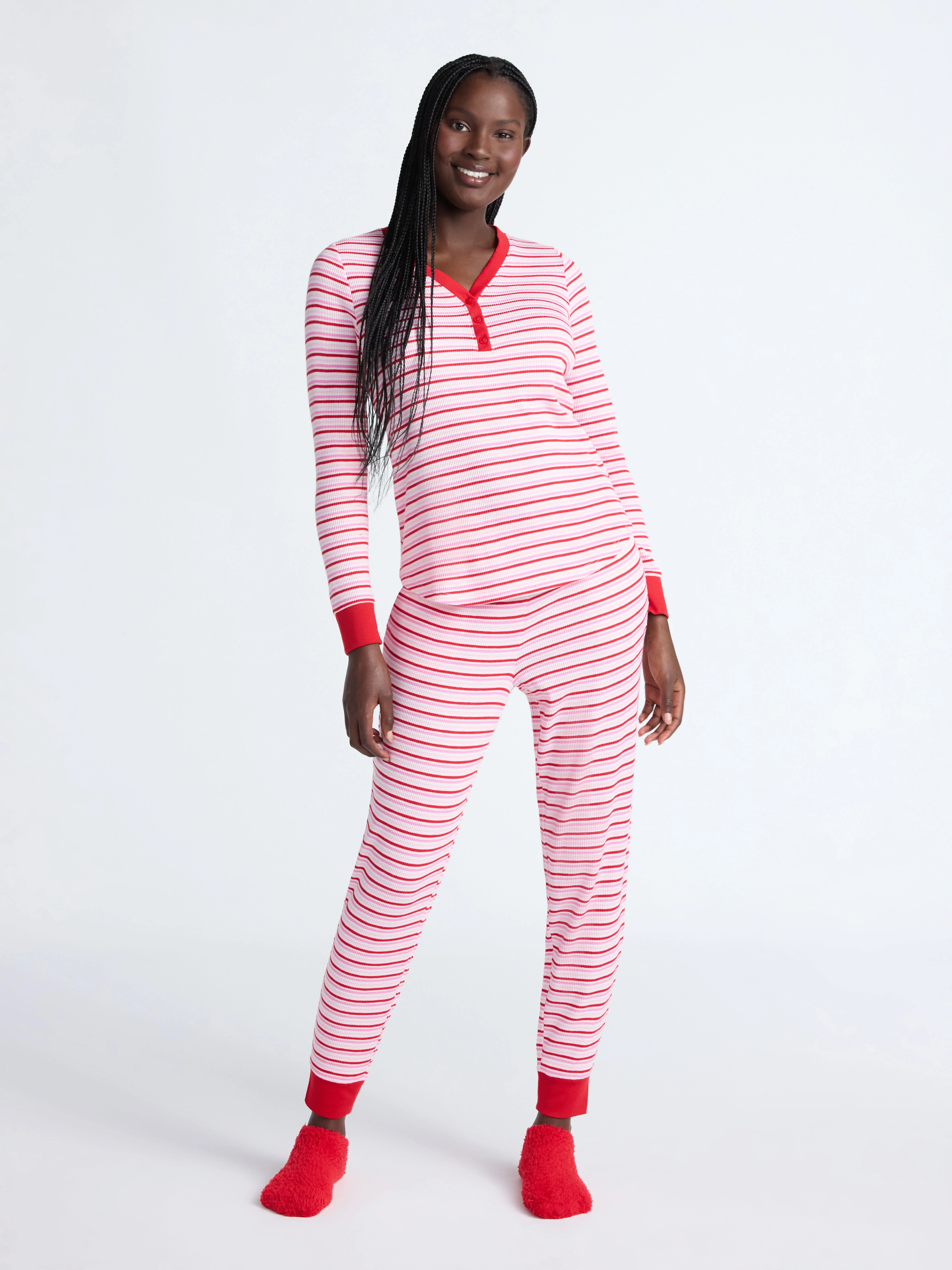 Joyspun Women's Waffle Knit Henley Sleep Top, Joggers and Socks Pajama Set, 3-Piece, Sizes XS-3X | Walmart (US)