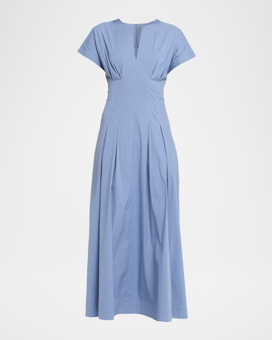Lela Rose Cap-Sleeve Pleated Cotton Poplin Midi Dress | Neiman Marcus