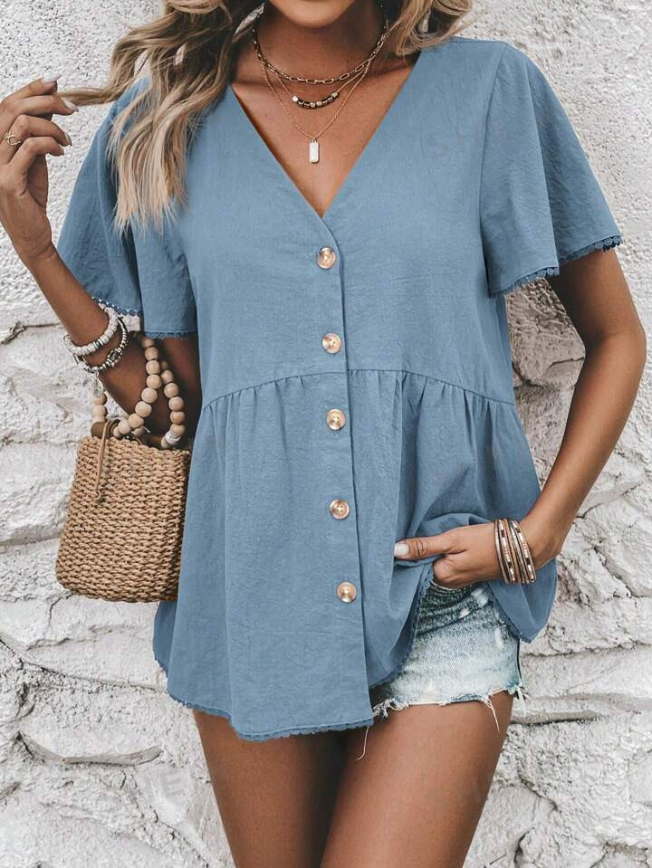 SHEIN LUNE Summer Casual Button Placket V-Neck Shirt With Ruffle Sleeves | SHEIN
