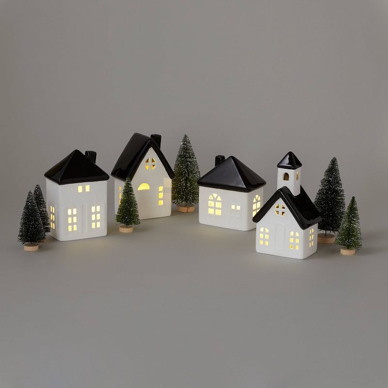 10pc Battery Operated Decorative Ceramic Village Kit White/Black with Green Trees - Wondershop™ | Target