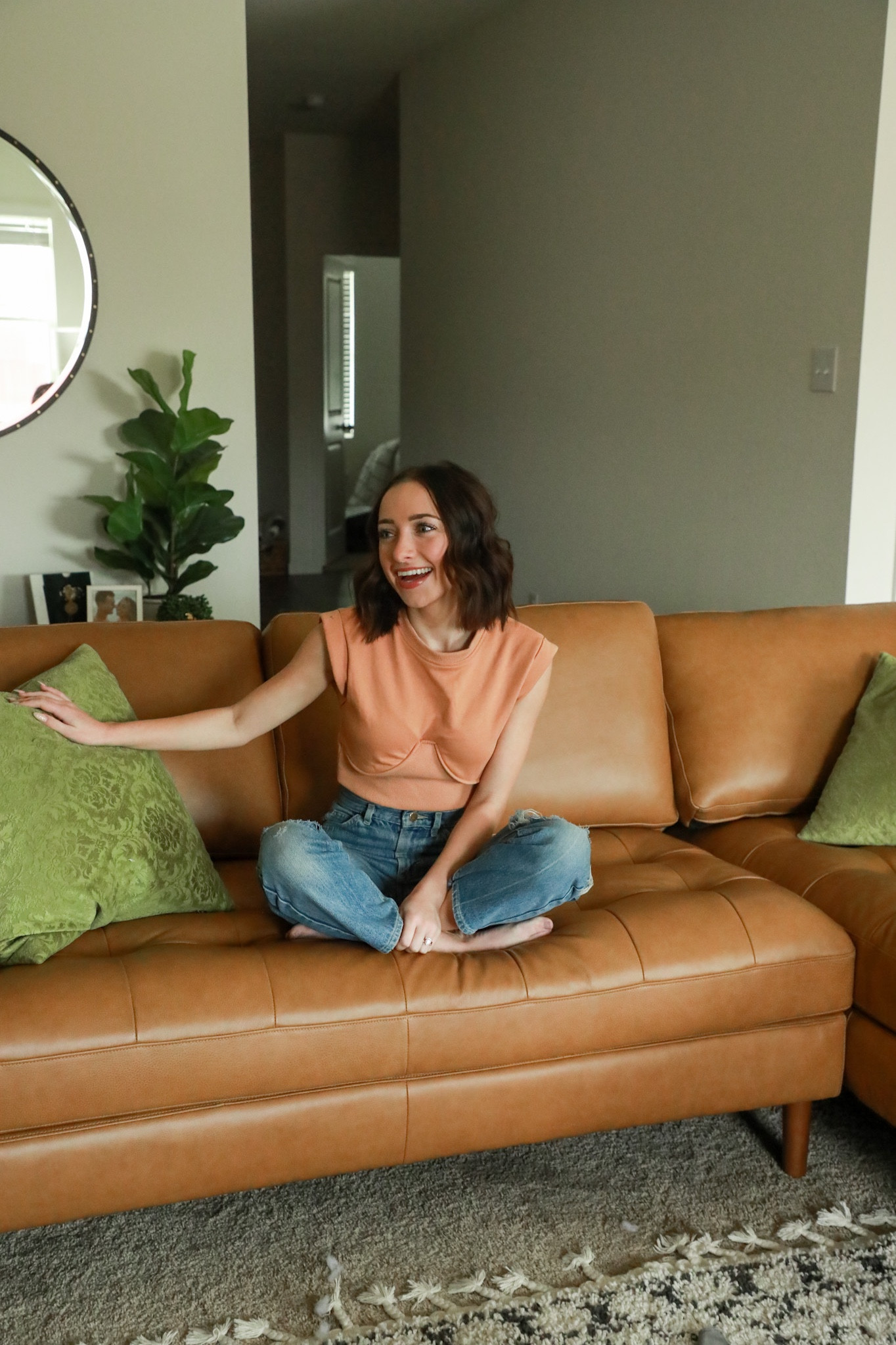When in doubt- get a brown leather couch and relax it out haha #livingroom #couch 