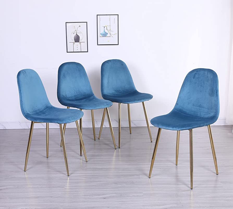 Pozbee Blue Dining Chairs Set of 4, Midcentury Modern Dining Room Chairs with Gold Chrome Legs, V... | Amazon (US)