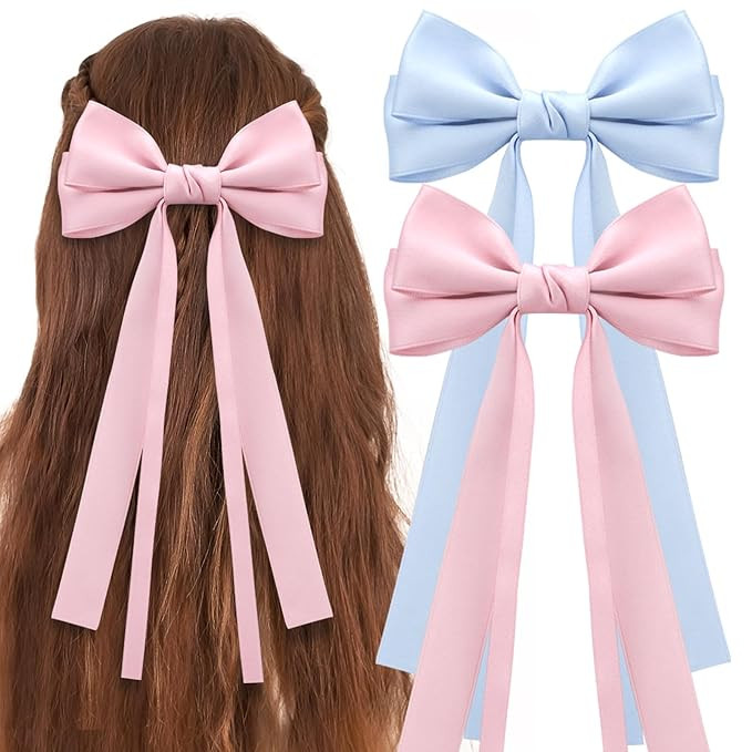 Hair Bow Clips, 2PCS Silky Satin Hair Bows in Pink and Blue for Women Girl Long Tail Hair Bow Cli... | Amazon (US)