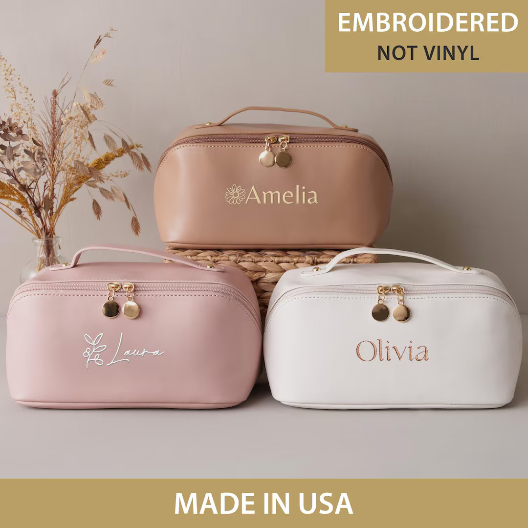 Leather Embroidered Makeup Bag, Mothers Day Gift, Large Capacity Cosmetic Bag, Bridesmaid Gifts, ... | Etsy (US)