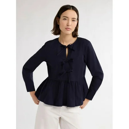 Free Assembly Women’s and Women s Plus Cotton Bow Front Top with Long Sleeves Sizes XS-4X | Walmart (US)