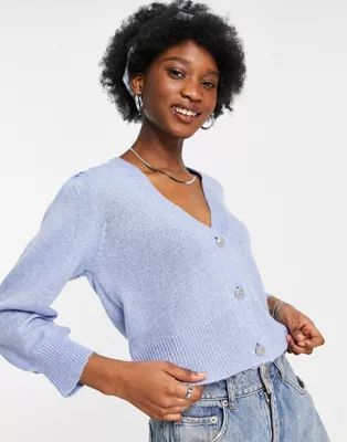 JDY knitted puff sleeve crystal button cardigan in pale blue | ASOS (Global)