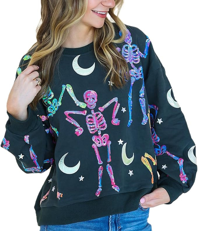 Womens Cute Sweatshirts Sequin Ghost Graphic Sweater Tops Sparkle Glitter Pullover Crewneck Hallo... | Amazon (US)