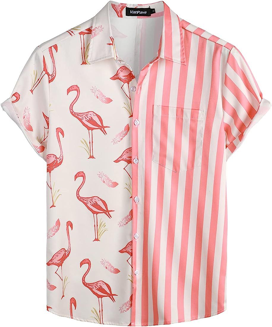 VATPAVE Mens Hawaiian Flamingo Shirts Casual Short Sleeve Button Down Shirt Summer Beach Shirts | Amazon (US)