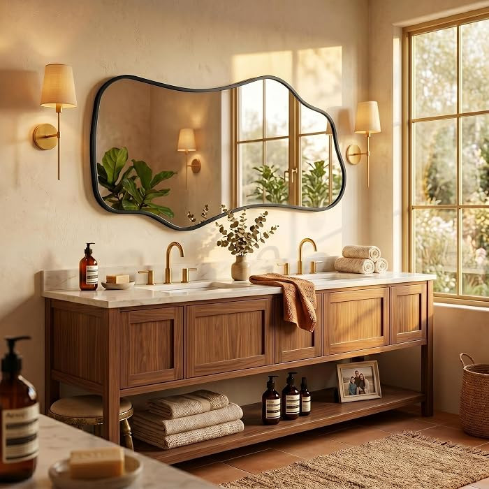 Bathroom Mirrors for Over Sink-Horizontal or Vertical Hanging 47.2"x21.6" Black Asymmetrical Wavy... | Amazon (US)