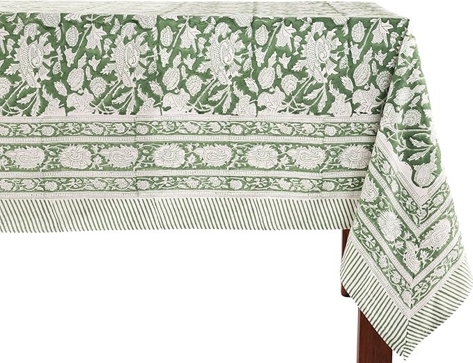ATOSII Meraki Green 100% Cotton Rectangle Tablecloth, Hand Block Print Washable Table Cover, Dini... | Amazon (US)