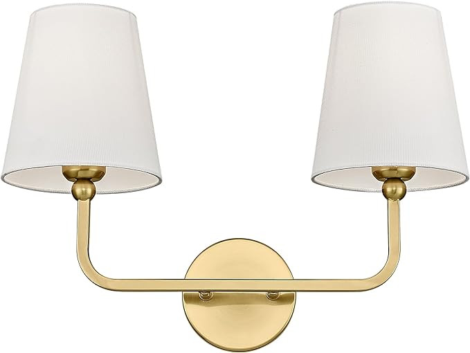 2 Light Bathroom Vanity Light, Brushed Gold Double Wall Sconce with Flared White Fabric Shade, Mo... | Amazon (US)