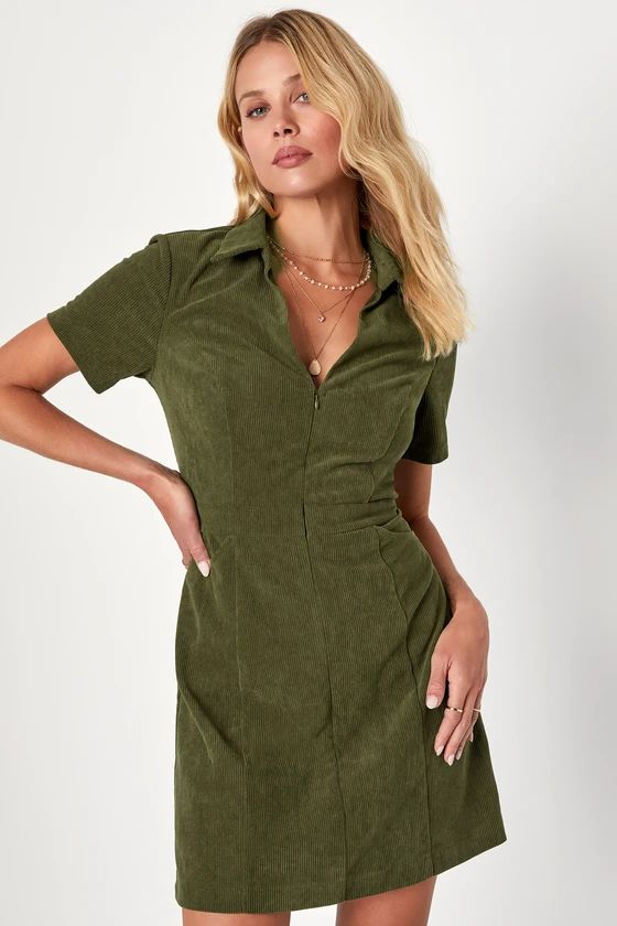 Go-Getter Girl Olive Green Corduroy Mini Dress With Pockets | Lulus (US)