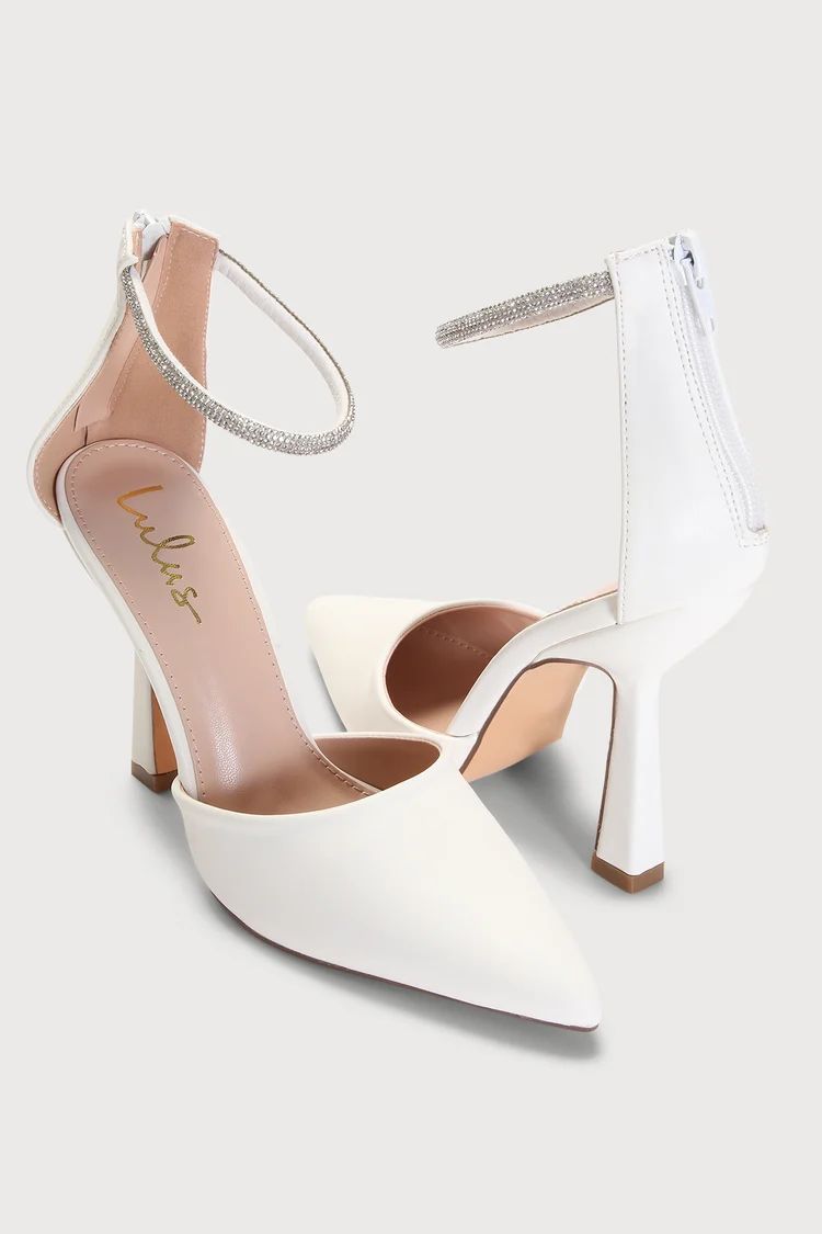 Dona White Rhinestone Pointed-Toe Ankle Strap Pumps | Lulus (US)