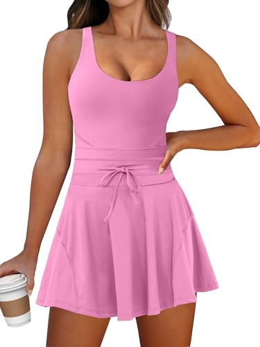 Caracilia Women's Tennis Mini Dresses Summer Workout Built in Shorts Golf Athletic Sleeveless One Piece Active Romper Dress Pink Small | Amazon (US)