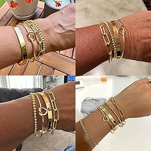 Reoxvo 14k Gold Plated Brass Charm Bangle Cuff Bracelet Set for Women Stack Non Tarnish Gold Bead... | Amazon (US)