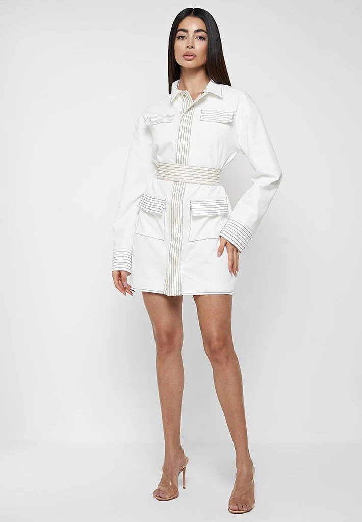 Belted Cargo Shacket Dress - White | Maniere De Voir