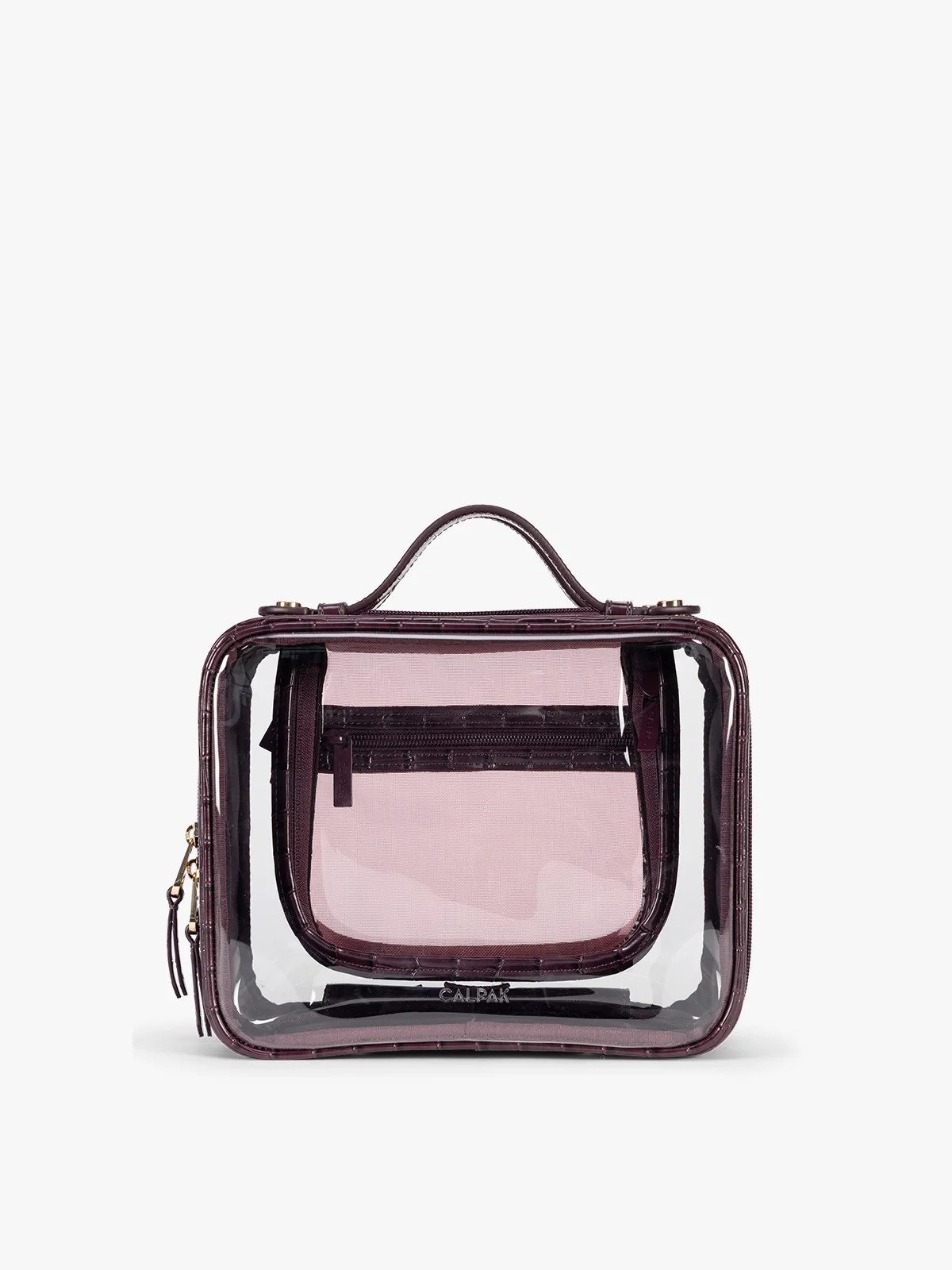 Medium Clear Cosmetics Case in Croc-Embossed in Dark Cherry Croc | CALPAK