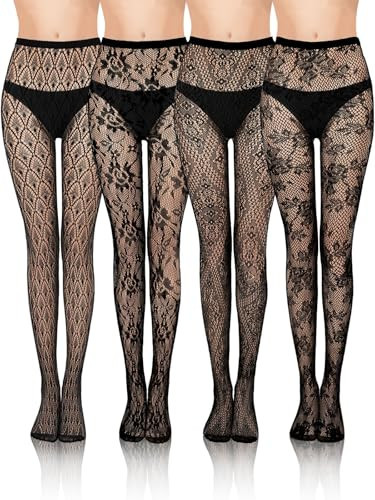 BOARDFEB 4 Pairs Lace Patterned Fishnet Tights Black Fishnets Leggings Lace Tights Floral Pantyhose Stockings Fishnet Thigh High Stockings Waist Tights for Women Girls Halloween | Amazon (US)