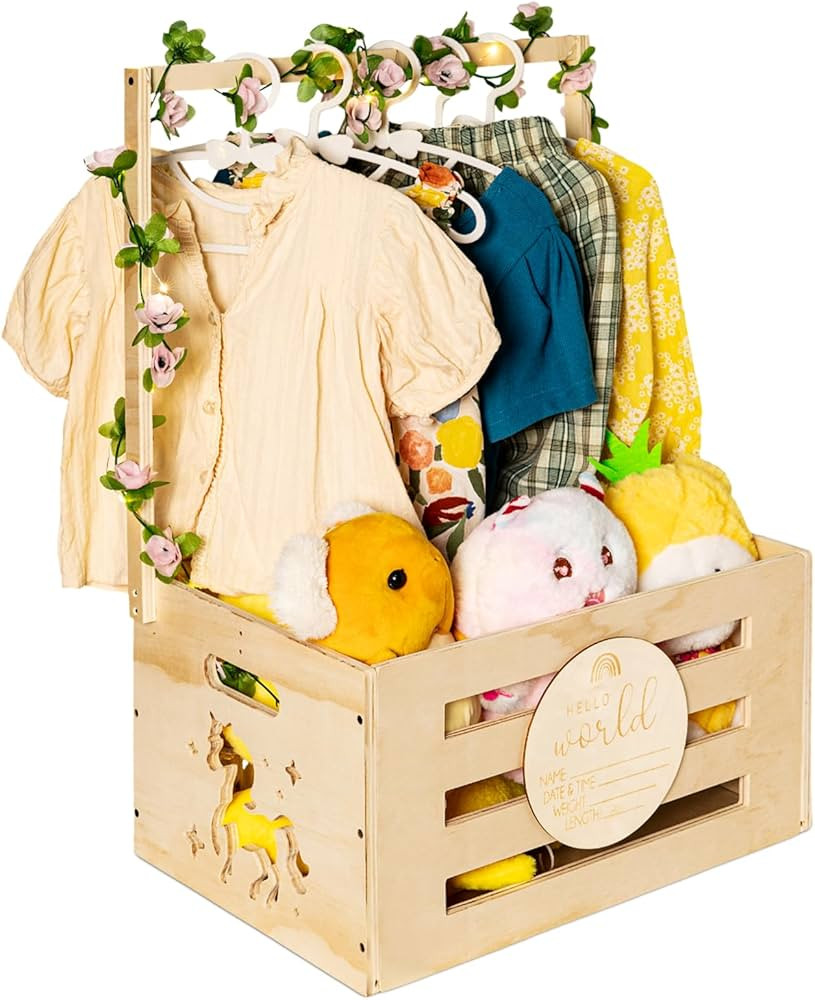 Wooden Baby Shower Crate Closet, Baby Gift Basket with Handle Garland Baby Announcement Sign Stri... | Amazon (US)