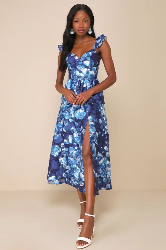 Memorable Poise Blue Floral Ruffled Bustier Midi Dress | Lulus