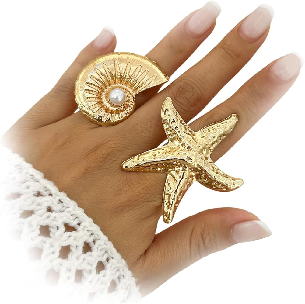 CIWEAI Chunky Gold Conch Seashell Knuckle Ring Set for Women Vintage Exaggerated Large Ocean Beac... | Amazon (US)
