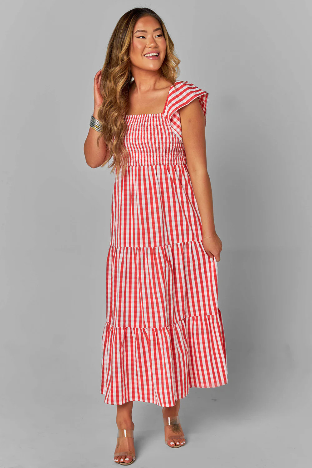 BuddyLove | Brynn Ruffle Shoulder Midi Dress | Red Checker | BuddyLove