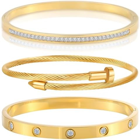 Gold Bracelets for Women Stackable Bangles Love & Friendship Stainless Steel Jewelry Valentines D... | Amazon (US)