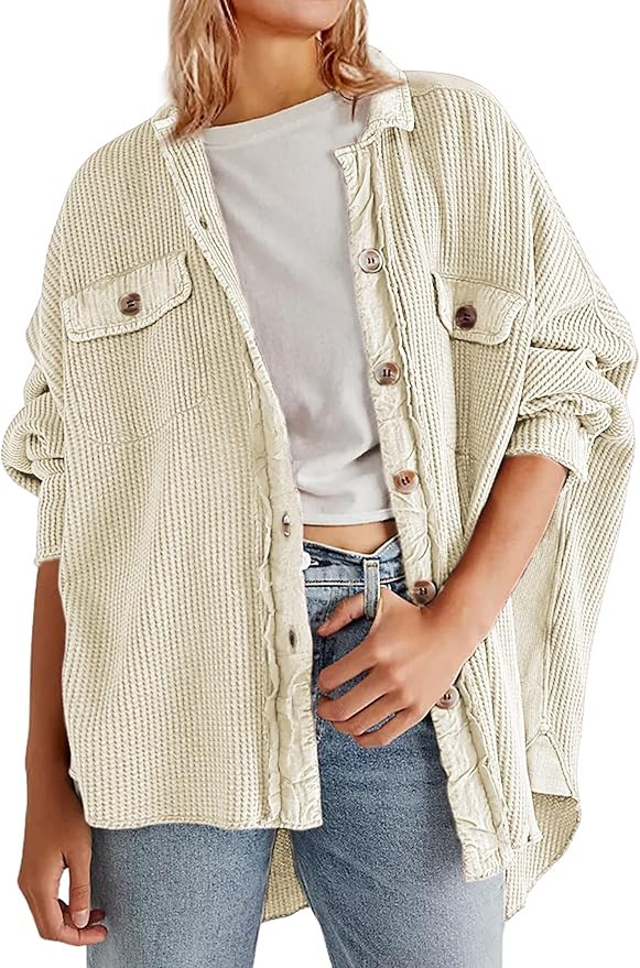 Dqbeng Women's Loose Boyfriend Waffle Knit Shacket Button Down Shirt Jacket | Amazon (US)