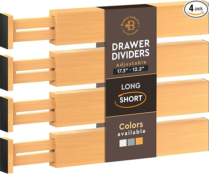 Bambüsi 4 Pack Drawer Divider - Bamboo 2.6" High, 12.5-17" Adjustable Drawer Organizers for Clot... | Amazon (US)
