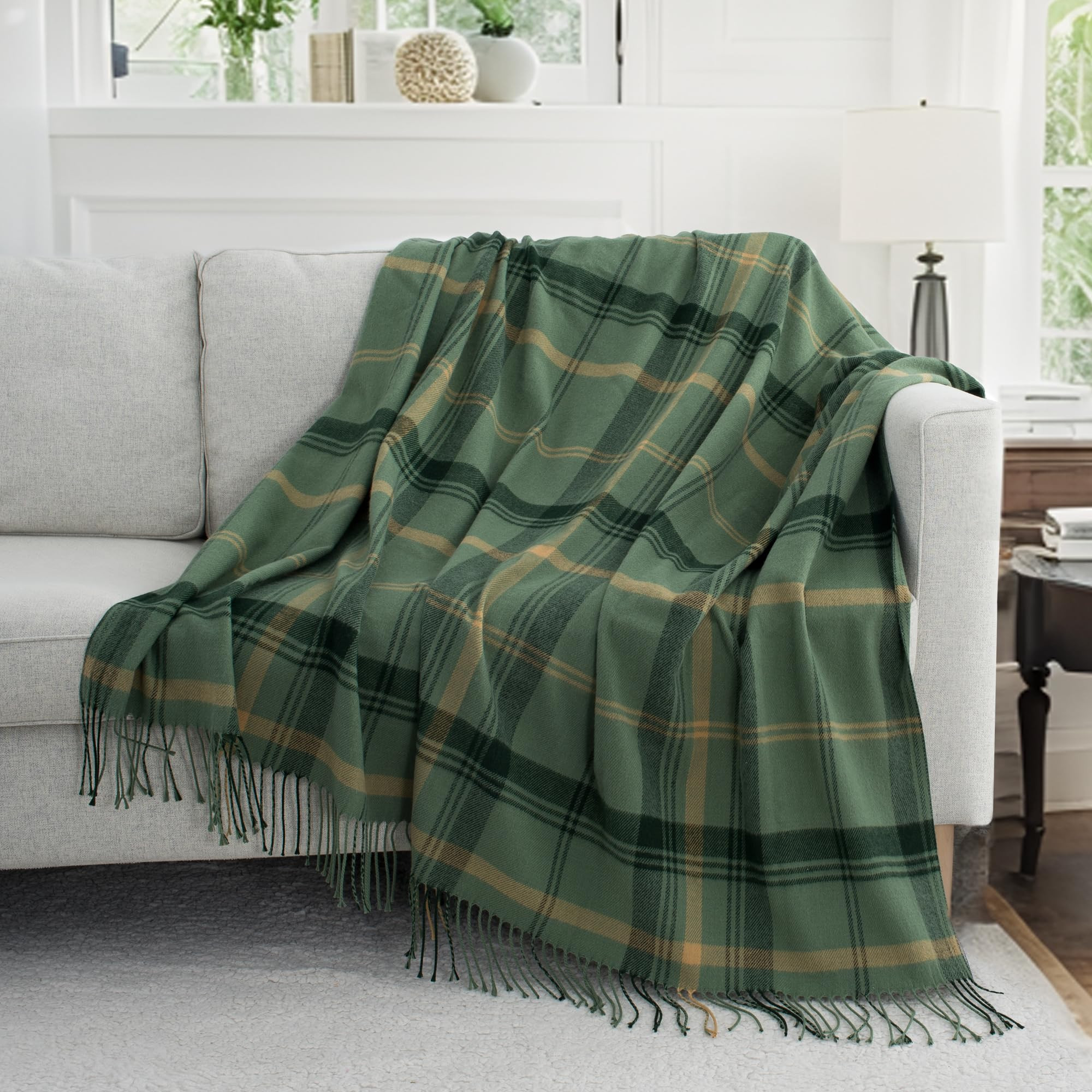 Green Plaid Throw Blanket for Couch,50"X60" Super Soft Cozy Warm Home Decorative Throws with Tass... | Amazon (US)