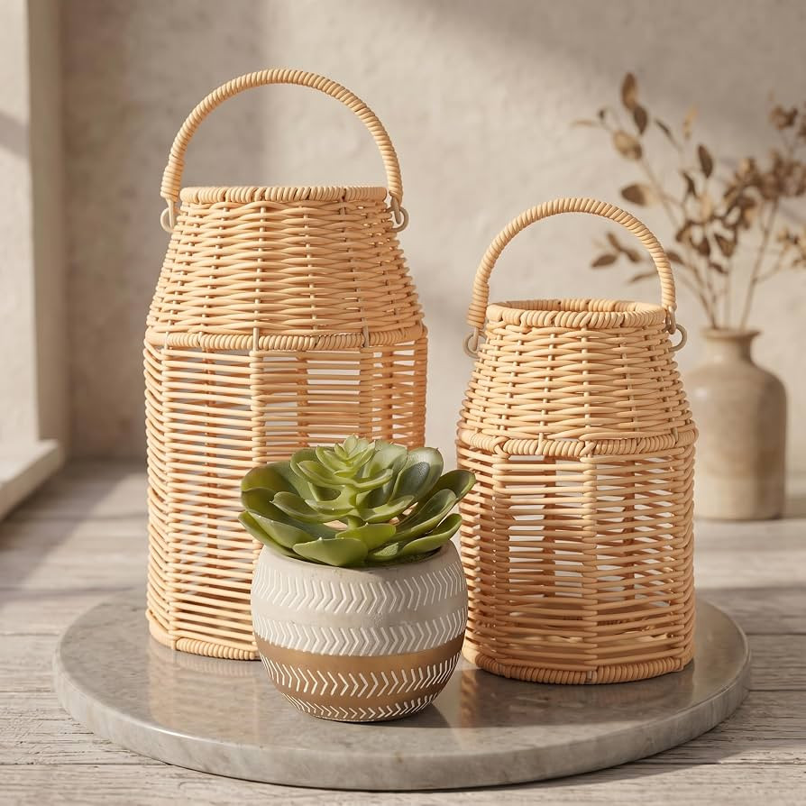 Boho Rattan Lanterns, Waterproof Wicker Lanterns Decorative, 2 Pcs | Amazon (US)