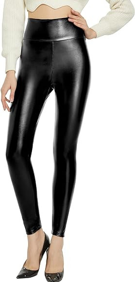 Kunifoy Womens Stretchy Faux Leather Leggings Sexy High Waisted Tights Black | Amazon (US)