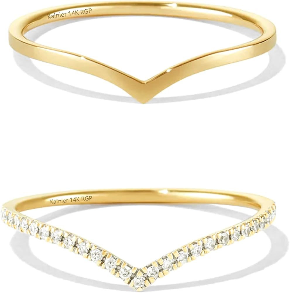 Kainier 2pairs Stacking Rings for Women 1mm 14K Gold Plated CZ V-Shaped Wavy Band Thin Pinky Thum... | Amazon (US)