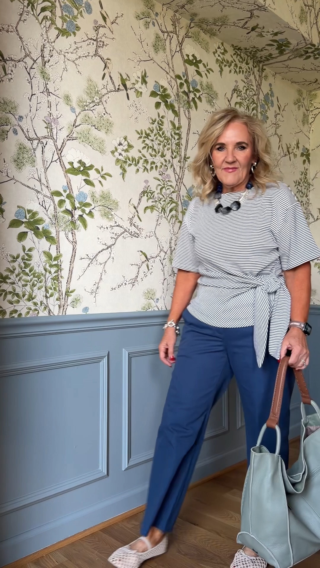 Striped side tie tee size large I sized up 
Pants are a really nice quality khaki size 8 petite 
Paired with silver and statement necklace

#LTKOver40 #LTKootd #LTKPetite
