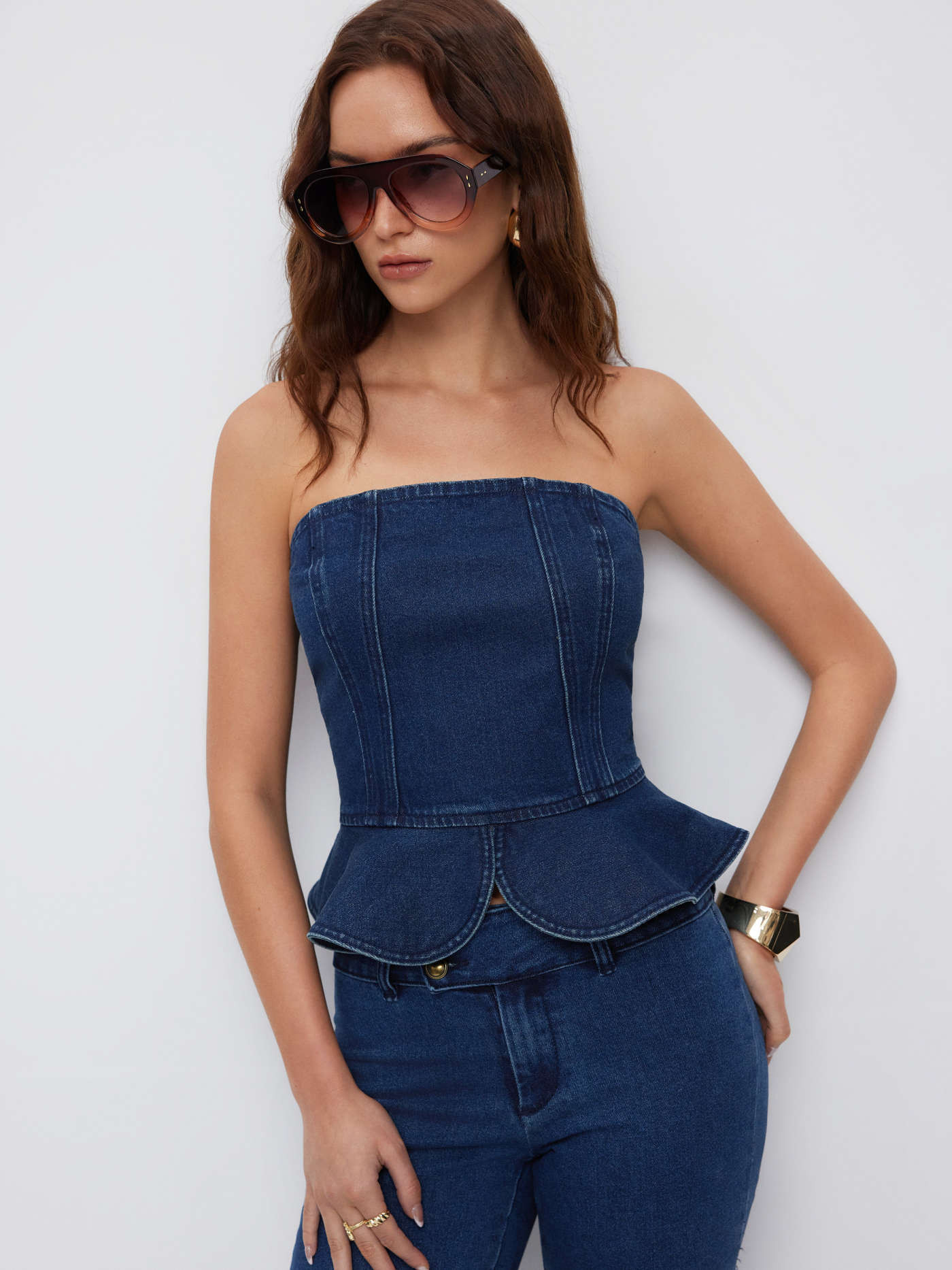 Stretch Denim Strapless Peplum Hem Bandeau Top | Cider