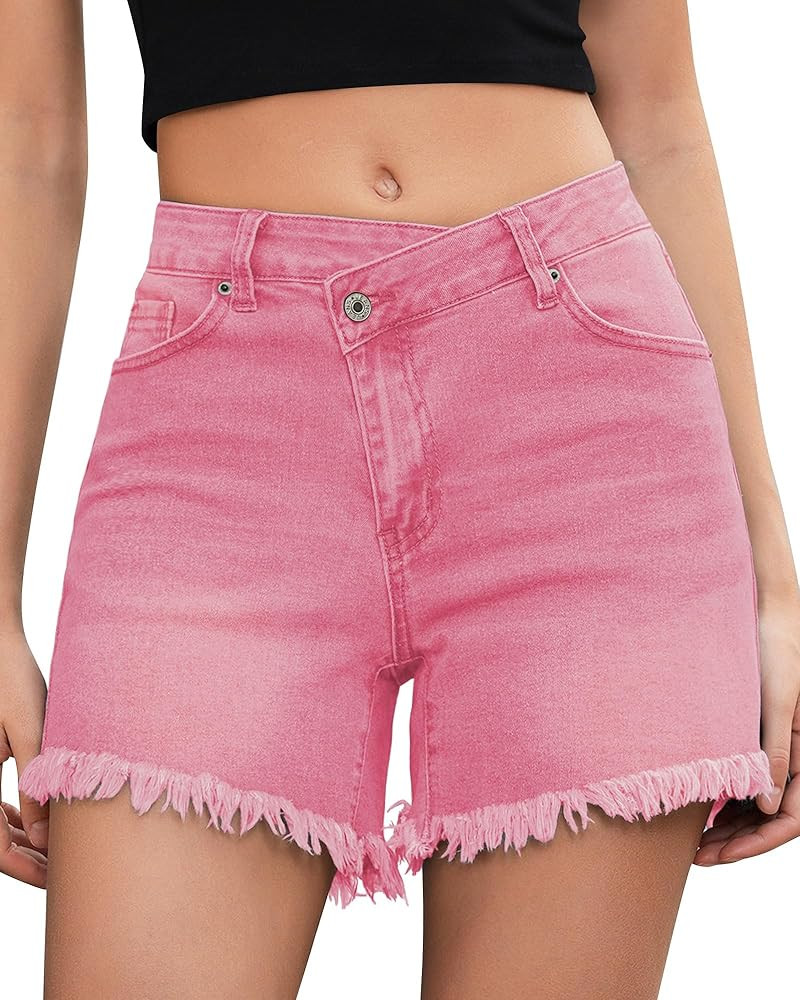 LookbookStore Jean Shorts for Women Low Waisted Stretchy Crossover Waist Denim Shorts Raw Hem | Amazon (US)