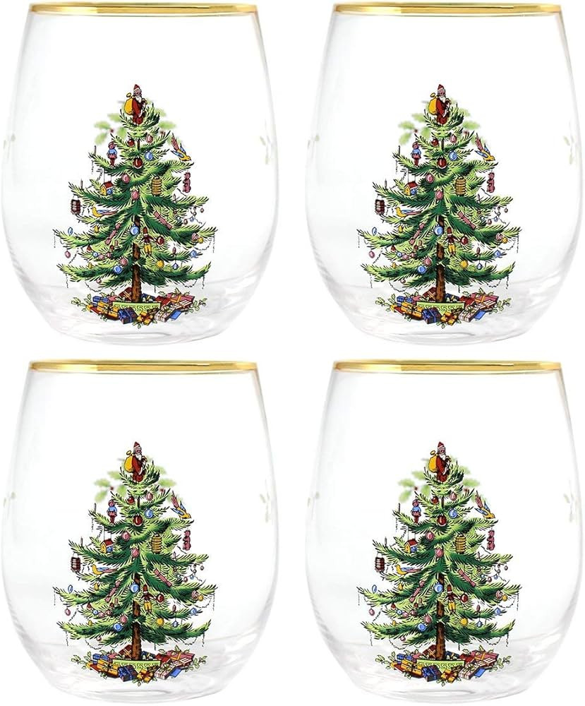 Spode Christmas Tree 16-oz Stemless Wine Glasses, Set of 4 | Amazon (US)