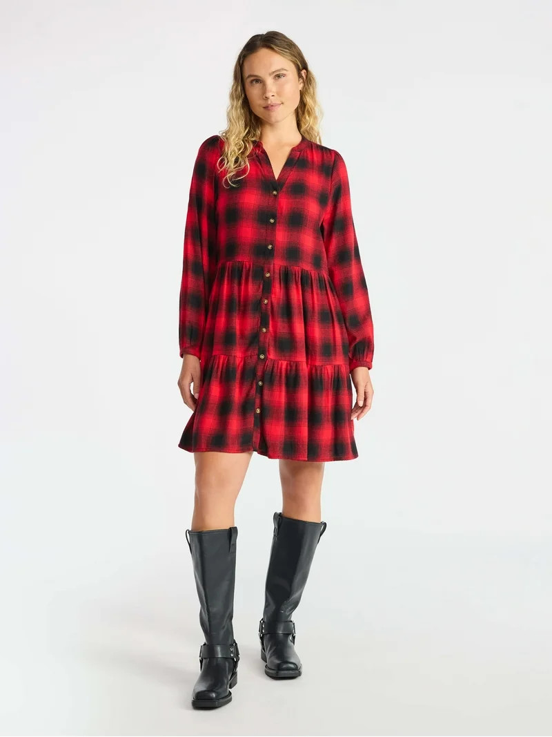 Time and Tru Women's Tiered Plaid Flannel Dress, Sizes XS – XXXL | Walmart (US)