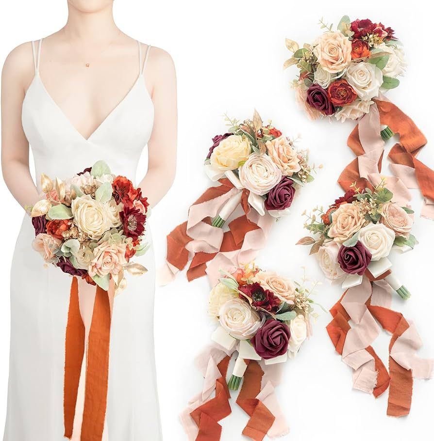 Ling's Moment 7 Inch Burnt Orange Artificial Flowers Bridesmaid Bouquets for Wedding, Set of 4, f... | Amazon (US)