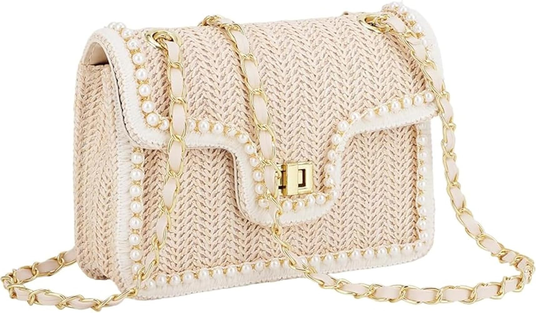 Small Women Straw Shoulder Bag, Summer Crossbody Bag Beach Purse with Pearls Decor for Vacation | Amazon (US)