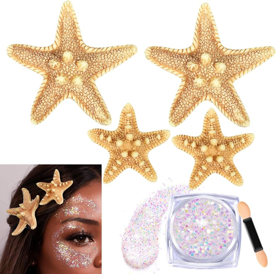 YGDZ Starfish Hair Clip, 4PCS Starfish Hair Clips Mermaid Hair Accessories, 1PCS Face Body Glitte... | Amazon (US)