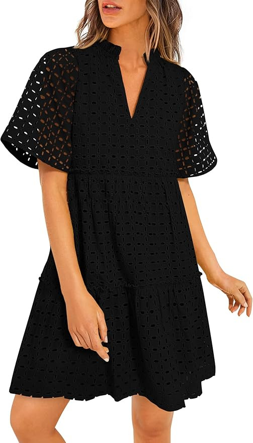 PRETTYGARDEN Women's Short Sleeve Mini Dress 2025 Summer V Neck Hollow Out Eyelet Ruffle A Line S... | Amazon (US)