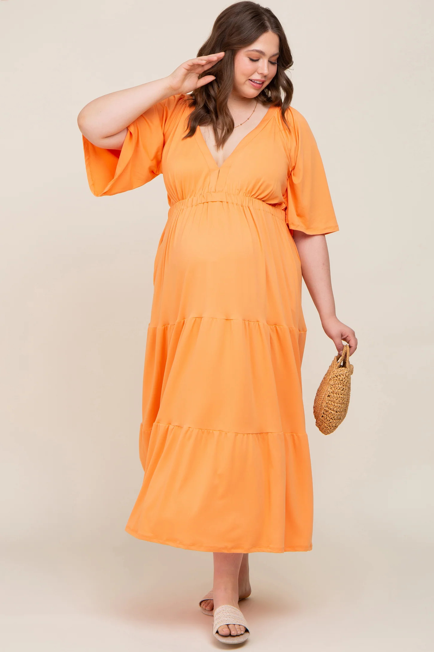 Orange Deep V-Neck Tiered Maternity Plus Maxi Dress | PinkBlush Maternity