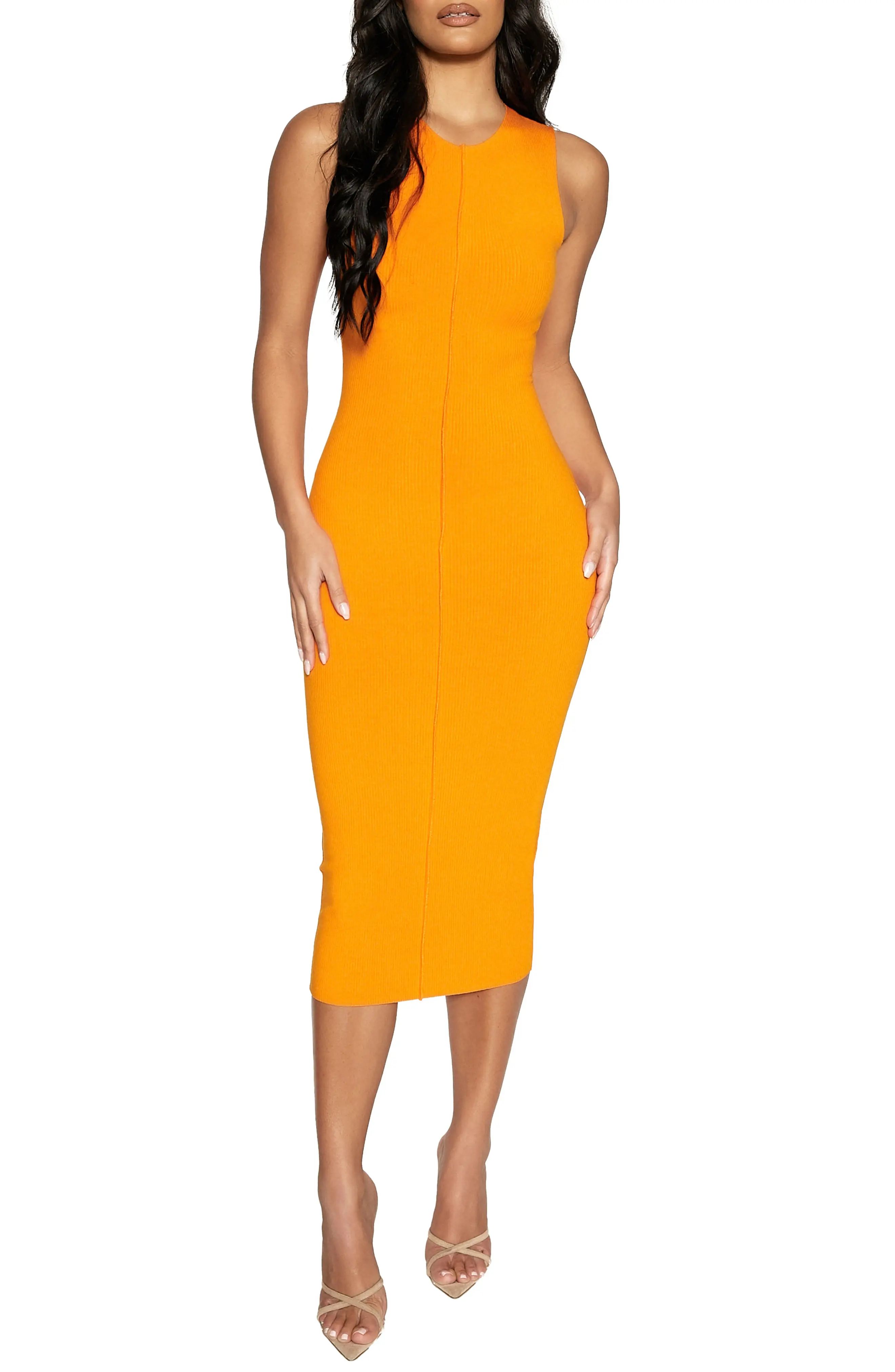 Naked Wardrobe All Snatched Up Sleeveless Body-Con Dress in Orange at Nordstrom, Size Medium | Nordstrom