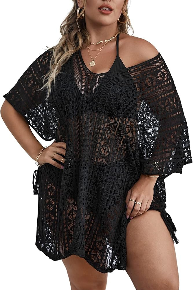 SOLY HUX Women's Plus Size Short Sleeve Hollow Out Split Beach Swimsuit Bikini Cover Up | Amazon (US)