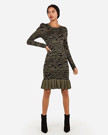 zebra print ribbed flounce hem sweater dress | Express