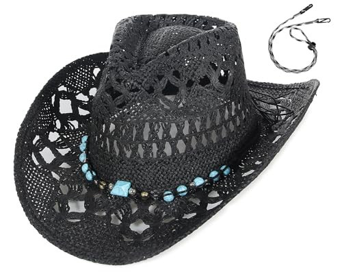 EOZY Men & Women's Summer Cowboy Cowgirl Straw Hat Hollow Out Style Roll Up Brim Beach Sun Hat for Ladies Black | Amazon (UK)