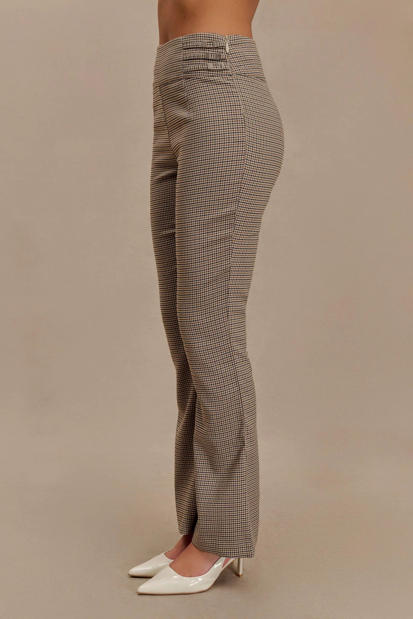 Sweeney Mid Rise Buckle Straight Leg Pant - Tan Check | MESHKI US
