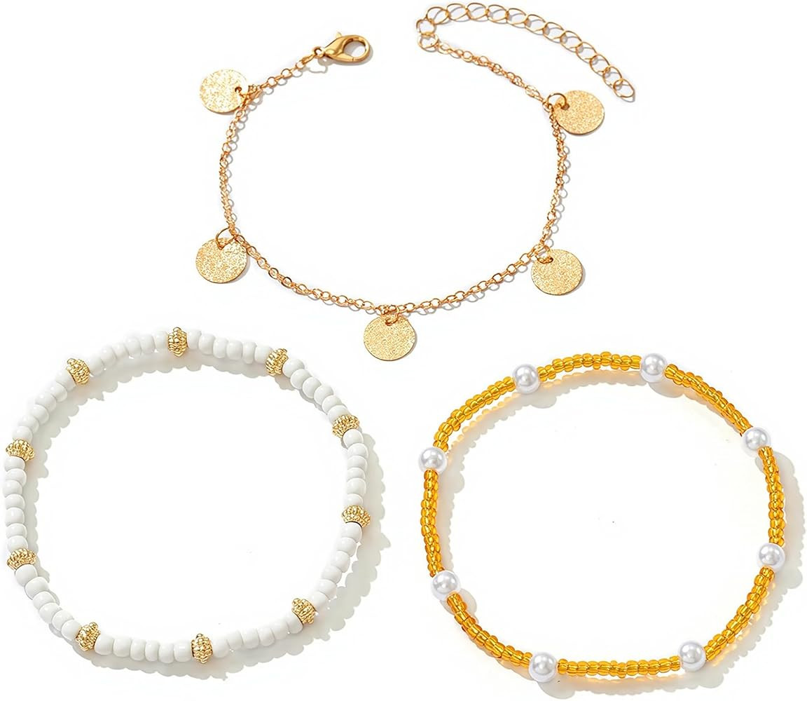 Shell Ankle Bracelet Set for Women, Gold Plated Boho Bead Adjustable Anklet, Hawaiian Beach Seash... | Amazon (US)