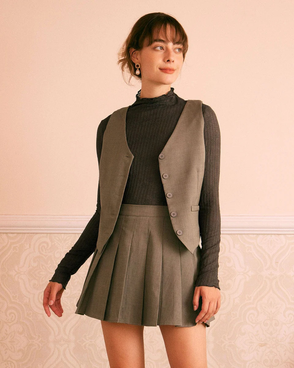 The Khaki V Neck Sleeveless Button Vest & Reviews - Khaki - Tops | RIHOAS | rihoas.com